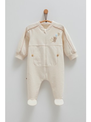 Erkek Bebek Tulumu Ayıcık Nakışlı Interlok Kumaş (1-12 Ay)