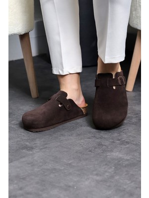 Land Of Cork Doğal Mantar Taban Hakiki Süet Deri Unisex Anatomik Acı Kahve Kapalı Terlik
