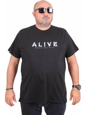 Mocgrande Erkek Büyük Beden Sıfır Yaka Tişört Alive 25187 Sıyah