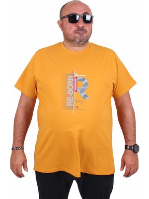 Mocgrande Erkek Büyük Beden Sıfır Yaka Tişört Re-Born 25185 Hardal