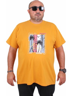 Mocgrande Erkek Büyük Beden Sıfır Yaka Tişört Beach Party 25191 Hardal