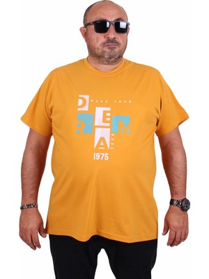 Mocgrande Erkek Büyük Beden Sıfır Yaka Tişört Dream 25183 Hardal