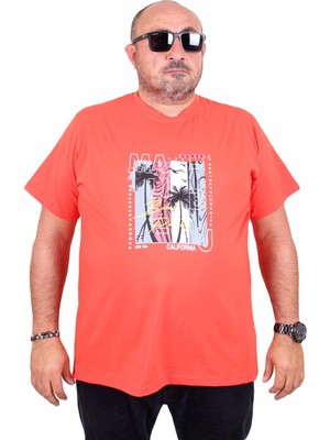Mocgrande Erkek Büyük Beden Sıfır Yaka Tişört Beach Party 25191 Nar Çiçeği