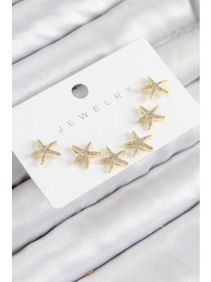 Pirinç Zirkon Taşlı Deniz Yıldızı Model Gold Renk 925 Ayar Gümüş Çivi Kadın Küpe Set