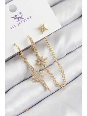 Pirinç Zirkon Taşlı 3'lü Kutup Yıldızı Model Gold Renk Kadın Küpe