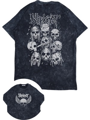 Fuddy Moda Unisex Slipknot Sırt Baskılı Yıkamalı Tişört, Oversize Rock-Metal Baskılı Eskitme T-Shirt