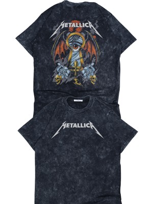 Fuddy Moda Unisex Gözlü Metallica Sırt Baskılı Yıkamalı Tişört, Oversize Rock-Metal Baskılı Retro T-Shirt