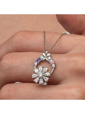 Çiçek Zirkon Taşlı 925 Ayar Gümüş Kadın Kolye