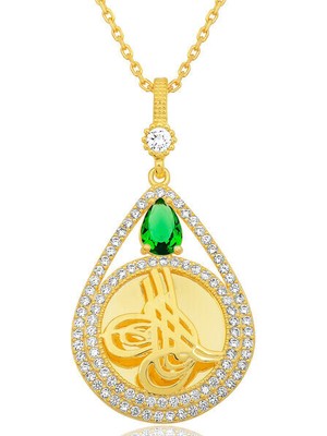 Gold Tuğralı Zirkon Taşlı 925 Ayar Gümüş Kadın Kolye