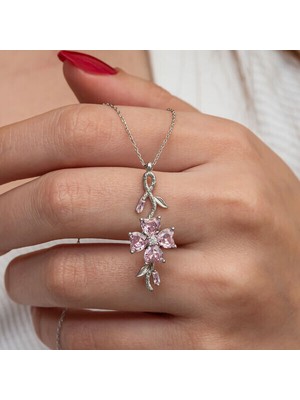 Pembe Çiçek 925 Ayar Gümüş Kadın Kolye