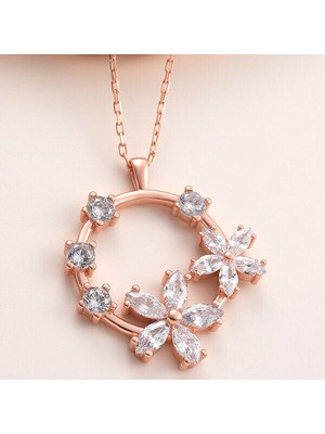 Rose Beyaz Taşlı Çiçek  925 Ayar Gümüş Kadın Kolye