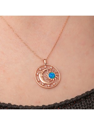 Rose Opal Mavi Taşlı Ay Yıldız 925 Ayar Gümüş Kadın Kolye