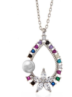 Renkli Taşlı Çiçek 925 Ayar Gümüş Kadın Kolye