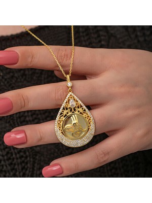 Gold Tuğralı Zirkon Taşlı 925 Ayar Gümüş Kadın Kolye