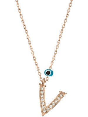 V Harfi Rose  925 Ayar Gümüş Kadın Kolye