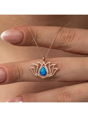 Opal  Taşlı Rose Lotus Çiçegi 925 Ayar Gümüş Kadın Kolye