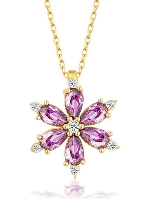 Gold Mor Lotus Çiçegi 925 Ayar Gümüş Kadın Kolye