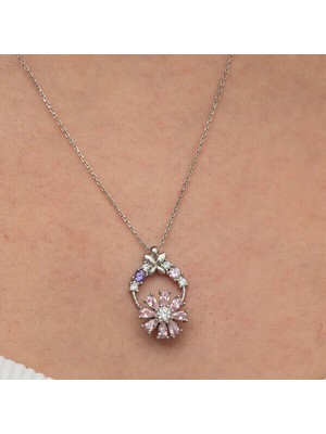 Pembe Dönen Zirkon Taşlı Çiçek 925 Ayar Gümüş Kadın Kolye