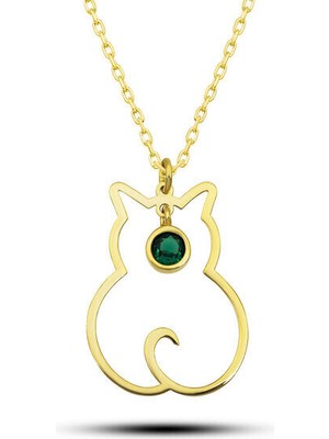 Mayıs Ayı Dogum Taşı Kedi 925 Ayar Gümüş Kadın Kolye