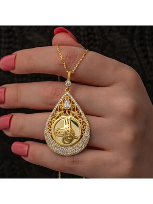 Gold Tuğralı Zirkon Taşlı 925 Ayar Gümüş Kadın Kolye