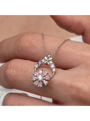 Pembe Dönen Zirkon Taşlı Çiçek 925 Ayar Gümüş Kadın Kolye