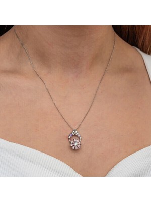 Pembe Dönen Zirkon Taşlı Çiçek 925 Ayar Gümüş Kadın Kolye