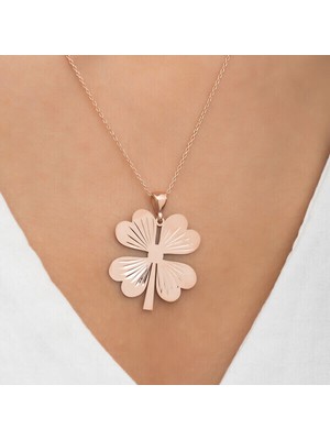 Dört Yaprak Yonca Rose  925 Ayar Gümüş Kadın Kolye