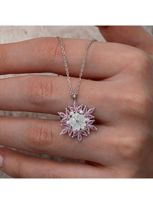 Pembe Lotus Zirkon Taşlı Çiçek 925 Ayar Gümüş Kadın Kolye