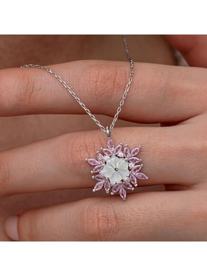Pembe Zirkon Taşlı Lotus Çiçek 925 Ayar Gümüş Kadın Kolye