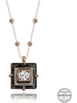  Crystal Taşlı Ros Top Siyah Elmas 925 Ayar Gümüş Kolye