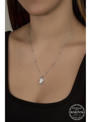  Crystal Taşlı  Top Zincir Oval 925 Ayar Gümüş Kolye