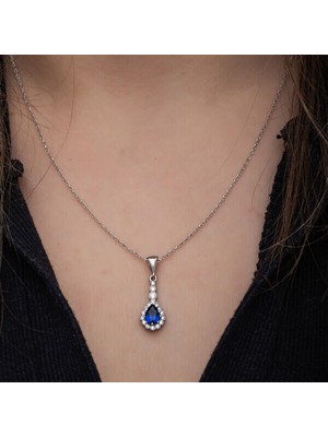 Mavi Zirkon Taşlı 925 Ayar Gümüş Kadın Kolye