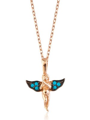 Firuze Taşlı Melek Melek Kanatlı 925 Ayar Gümüş Kolye