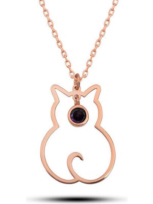 Şubatayı Dogum Taşı Kedi 925 Ayar Gümüş Kadın Kolye