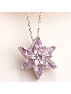 Pembe Lotus Zirkon Taşlı Çiçek 925 Ayar Gümüş Kadın Kolye