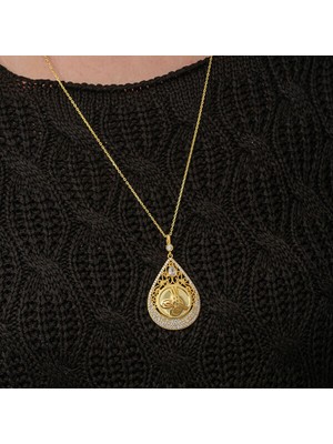 Gold Tuğralı Zirkon Taşlı 925 Ayar Gümüş Kadın Kolye