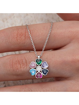 Renkli Kalpli Çiçek 925 Ayar Gümüş Kadın Kolye