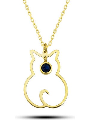 Eylül  Ayı Dogum Taşı Kedi 925 Ayar Gümüş Kadın Kolye
