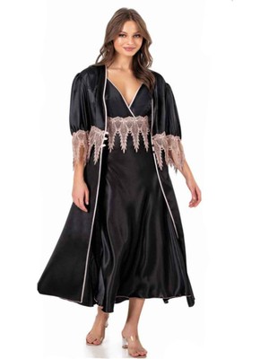 Iç Giyim Moongirl Saten Uzun Ikili Gecelik Takım