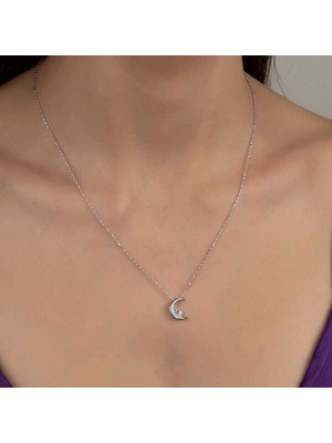  Taşlı Ay Yıldız 925 Ayar Gümüş Kolye