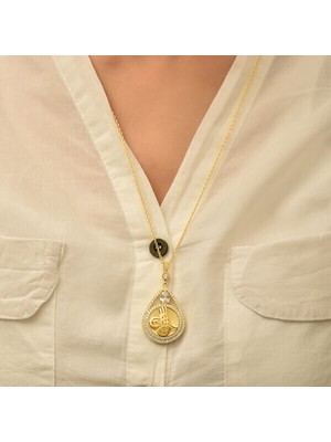 Gold Tuğralı Zirkon Taşlı 925 Ayar Gümüş Kadın Kolye