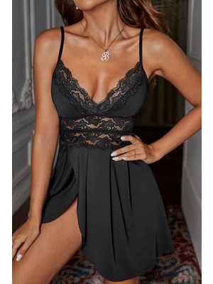 Kadın Siyah Göğsü ve Beli Dantel Detaylı Yırtmaçlı Gecelik