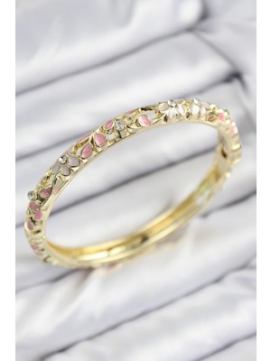 Mineli Pirinç Zirkon Taşlı Pembe Çiçek Motifli Gold Kadın Kelepçe - Lisinya
