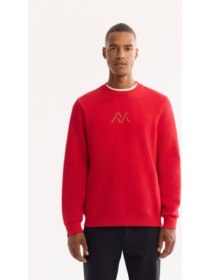 AVVA Erkek Kırmızı Bisiklet Yaka Pamuklu Şardonlu Baskılı Regular Fit Sweatshirt A52Y1327