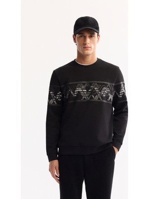 AVVA Erkek Siyah Bisiklet Yaka Pamuklu Bi-Stretch Baskılı Regular Fit Sweatshirt A52Y1256