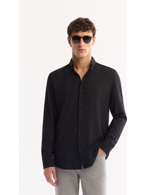 AVVA Erkek Siyah Düğmeli Yaka Soft Touch Oversize Regular Fit Gömlek A52Y2033