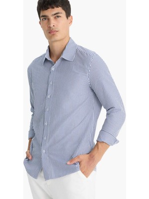 DeFacto Modern Fit Polo Yaka Çizgili Krinkıl Uzun Kollu Gömlek D6003AX25AU