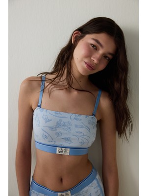 Açık Mavi Çiçek Desenli Pamuklu Balensiz Bandeau Sütyen - Inspired by Flora