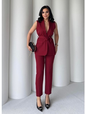 By Kadriye Yılmaz Karolin Yelekli Takım Bordo