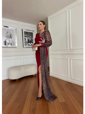 By Kadriye Yılmaz Liva Leopar Detaylı Abiye Elbise Bordo